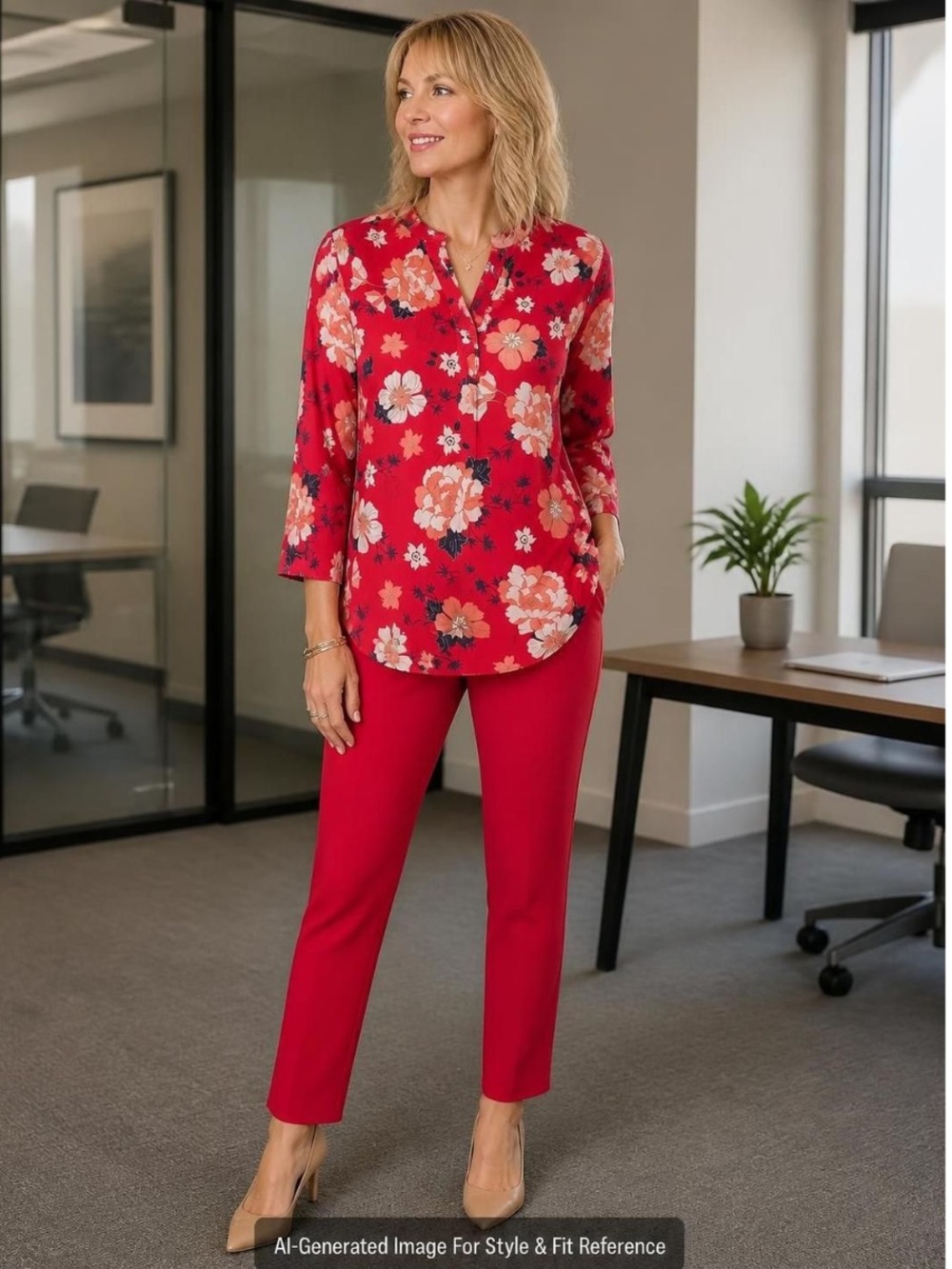 Katherine Barclay Red Floral Long Sleeve V-Neck Blouse